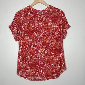 Casey Key‎ Womens T-Shirt Medium Red Orange Tropical Burnout Sheer Top Vacation